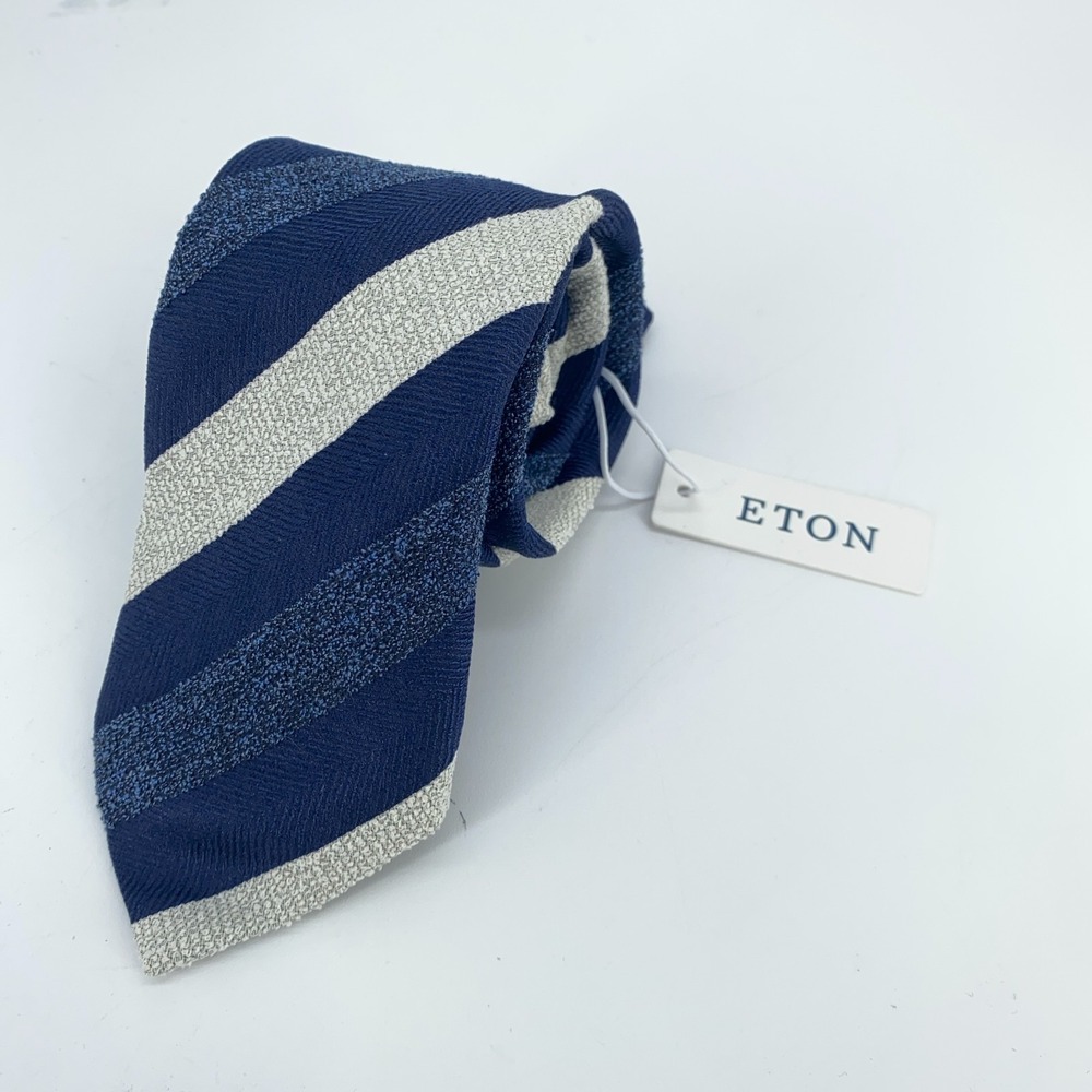 Eton Tie Men One Size White Blue Striped Silk Classic Fit Necktie Italy Made NWT